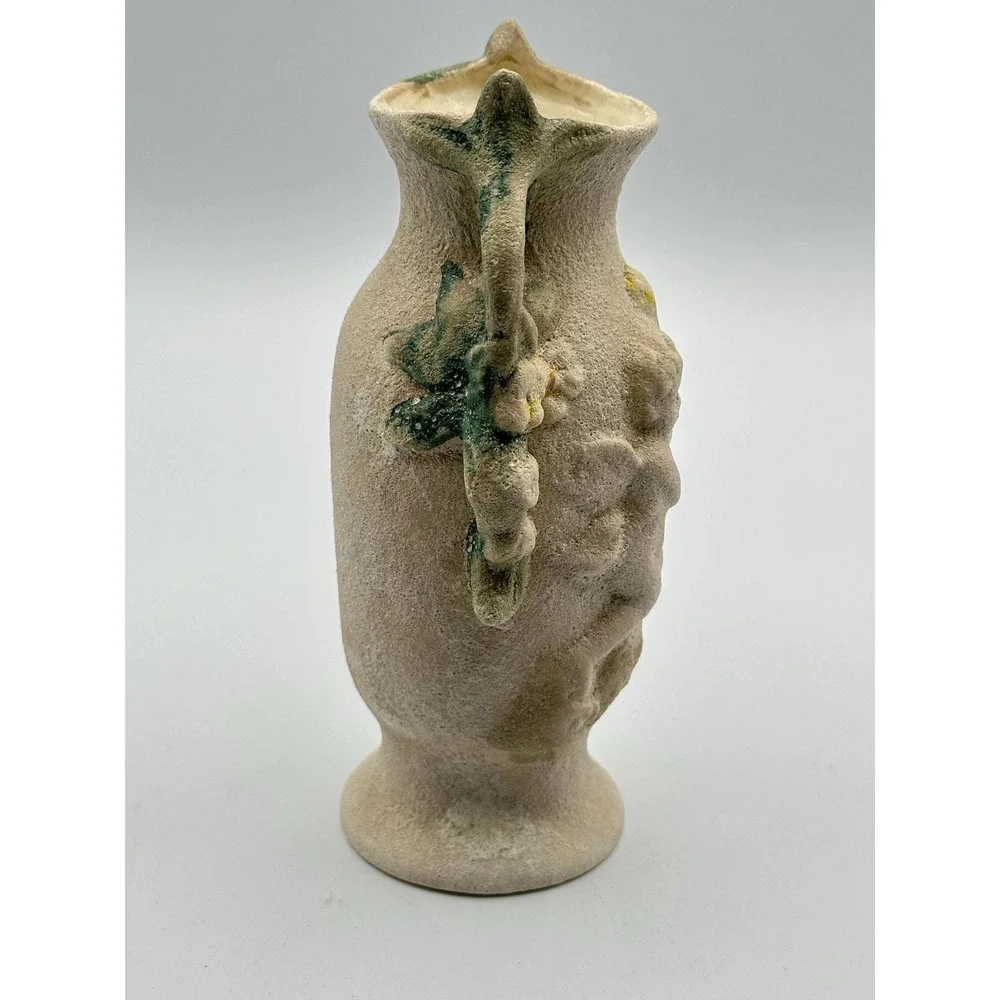 Vintage MAM Hand Signed Cherub Sand Textured Pottery Vase Cream Green 6in